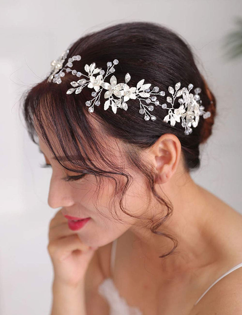 [Australia] - Deniferymakeup Silver Hair Piece Flower Hair Vine Bridal Floral Hair Piece Flower and Leaf Headband Rhinestones Wedding Hair Accessories for Brides 