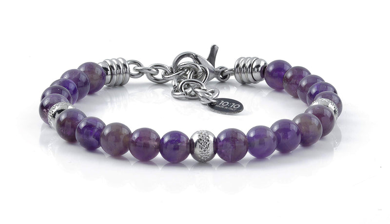 [Australia] - 10:10 Bracelet with Natural Amethyst Stones 6 mm Stainless Steel Beads, Very Durable Bracelet Made in Italy 