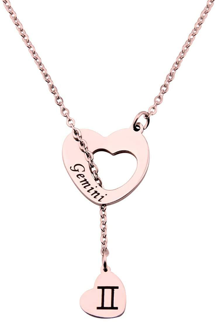 [Australia] - Rose Gold Zodiac Signs Heart Necklace Stainless Steel Lariat Y Necklace Best Birthday Gift Rg-gemini 