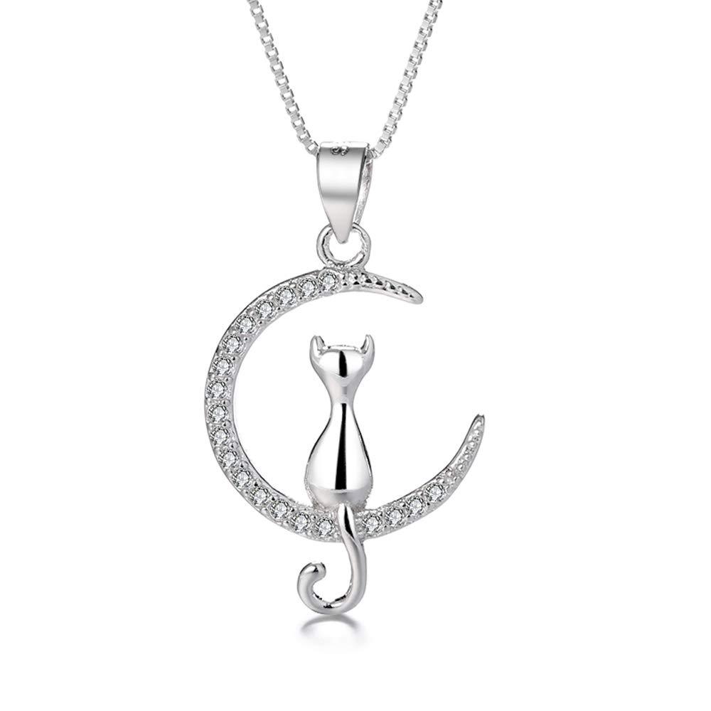 [Australia] - Belons Cat Necklace Women 925 Sterling Silver Cubic Zirconia Cat in Moon Pendant Necklace for Girls Kids 