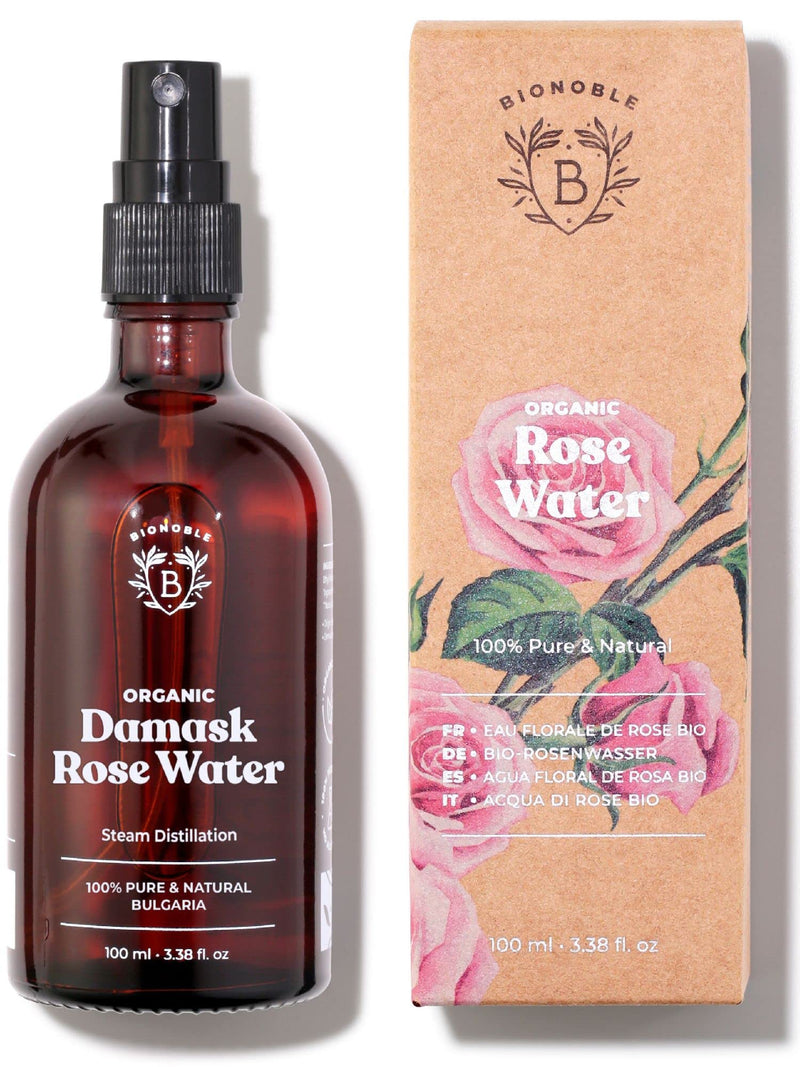 [Australia] - Bionoble Organic Rose Water 100ml - 100% Pure and Natural Damask Rose Hydrolat - Face, Eye Contour, Body, Hair - Glass Bottle + Spray 100 ml (Pack of 1) 
