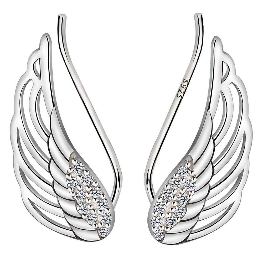 [Australia] - Meyiert Women's 925 Sterling Silver Small Elegant Angel Wing Zirconia Cuff Ear Hook Climber Earrings White 