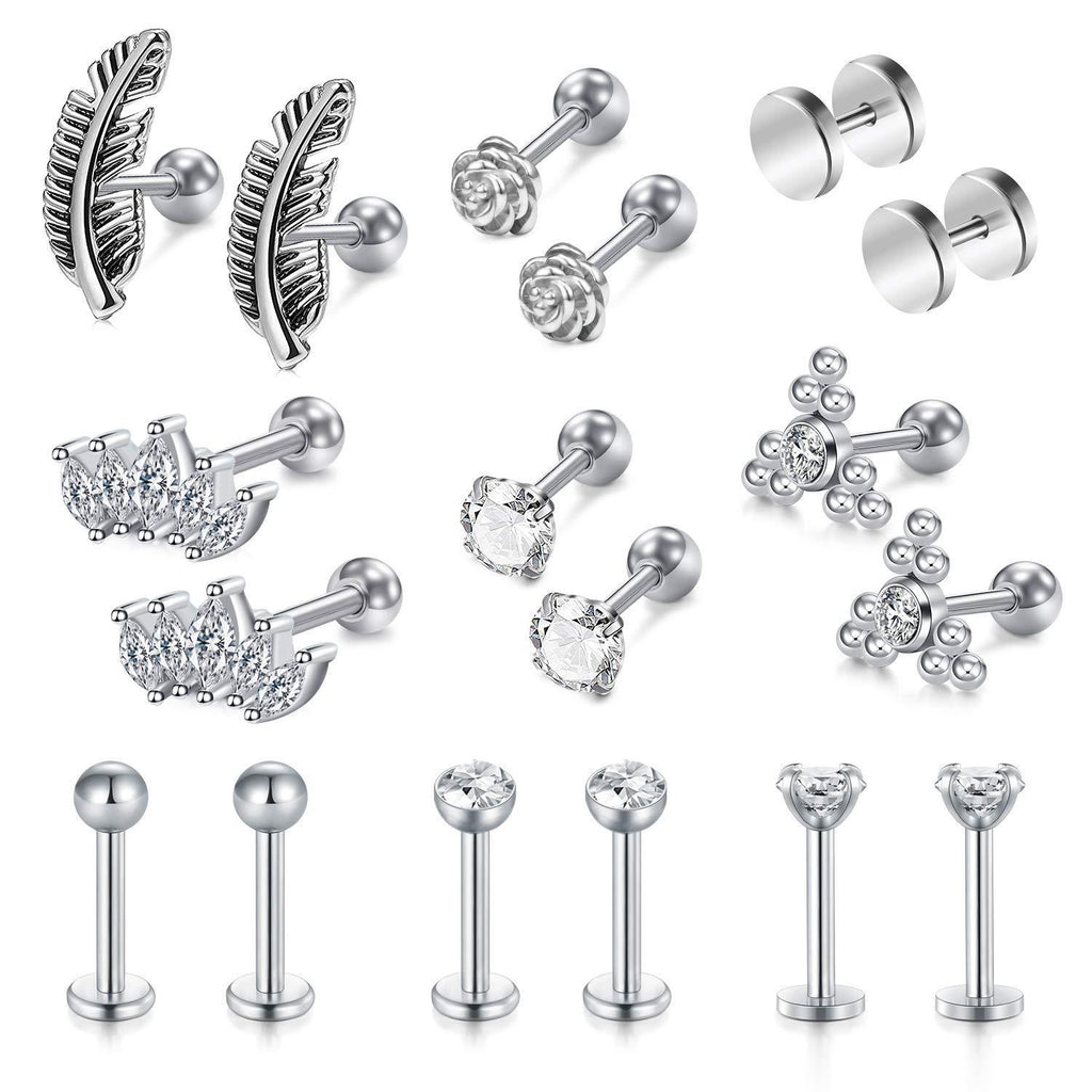 [Australia] - LAURITAMI Helix Cartilage Earring Cubic Zirconia Inlaid Tragus Earrings Studs Piercing Jewellery 6mm Flower Feather 9 Pairs 16G Stainless Steel 