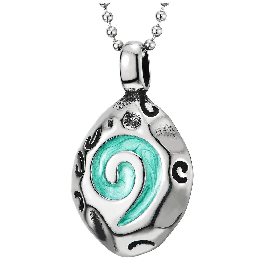 [Australia] - COOLSTEELANDBEYOND Mens Womens Steel Tribal Totem Curl Wave Swirl Oval Pendant Necklace with Green Enamel, 30 in Chain 