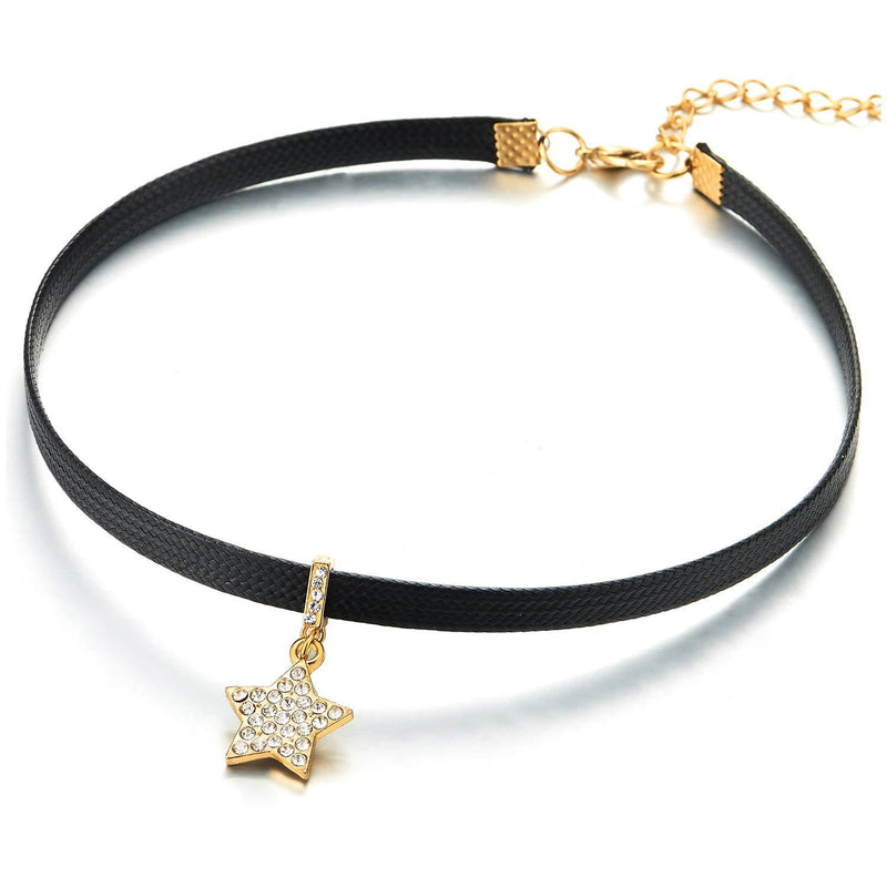 [Australia] - COOLSTEELANDBEYOND Ladies Womens Braided Leather Choker Necklace with Cubic Zirconia Gold Color Pentagram Star Pendant 