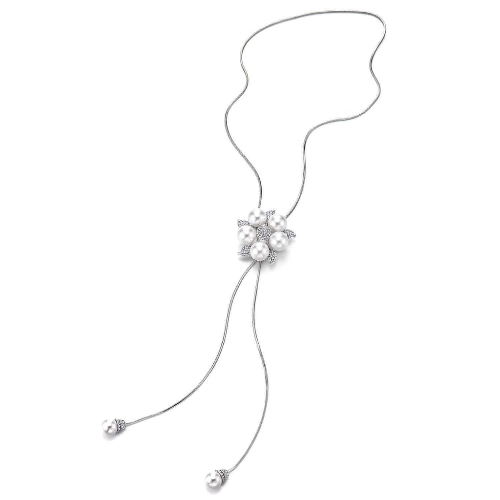[Australia] - COOLSTEELANDBEYOND Long Chain Necklace Tassel with Rhinestones Synthetic Pearl Flower Pendant Adjustable, Elegant 