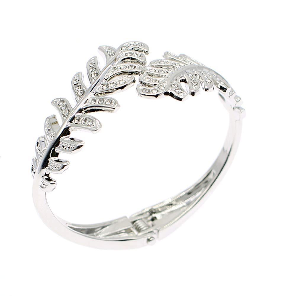 [Australia] - Sparkly Rhinestone Leaf Hinge Bangle Bridal Wedding Statement Bracelet Crystal Adjustable Cuff Bracelets Gold Platinum Tone Women Girls Lover Gifts 