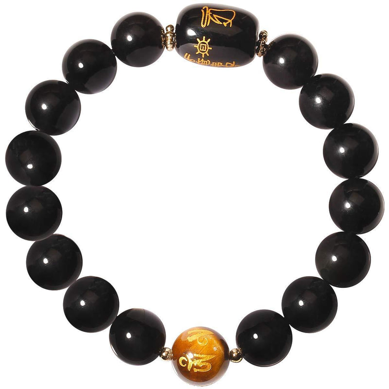 [Australia] - Jewboo Feng Shui Black Obsidian Bracelet with yellow tiger-eye 12mm bead Healing Crystal Wealth and Good Luck Bangle Unisex 7 Inch 