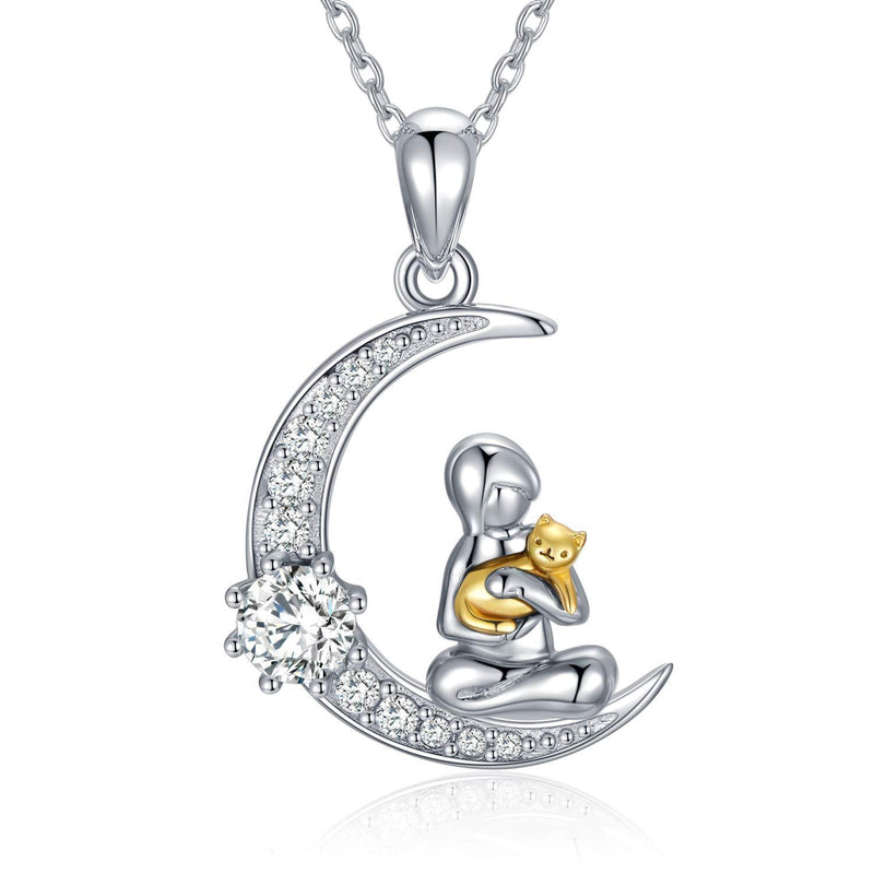 [Australia] - Cat Gifts for Cat Lovers, Sterling Silver Cat Moon Necklace with Birthstone Crystals, Birthday Jewellery Gifts for Women Girls D-April-White 