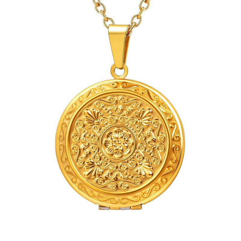 [Australia] - Oval/Book/Round Shape Locket Pendant & Rolo Chain Necklace Customizable Gold/Platinum/Rose Gold/Blue/Red/Stainless Steel European/Vintage/Religion Style Memory Photo Jewellery For Women Men Girls Boys 08. Flower- 18k Gold Plated No Personalized 