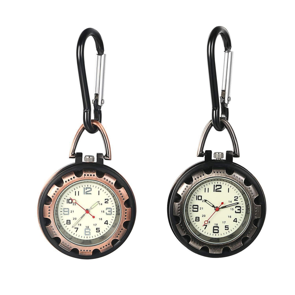 [Australia] - JewelryWe Men Women Clip-on Quarzt Watch Backpack Fob Belt Watch Night Light Pocket Watch for Rock Climbing Doctors Nurses Outdoor Activities 2pcs(black+gold) 