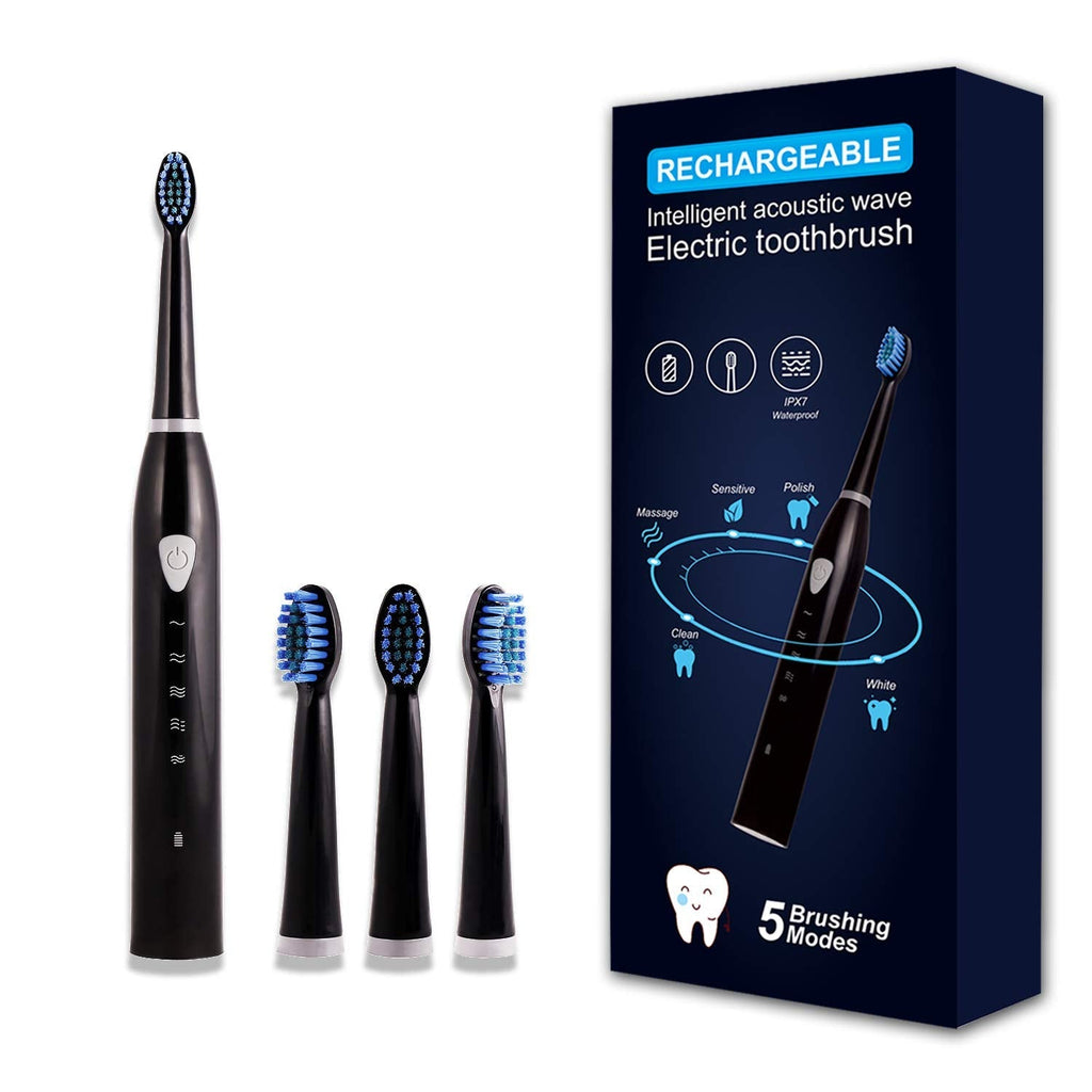 [Australia] - Rechargeable Electric Sonic Toothbrush for Adults Teens with 5 Modes 2 Mins Timer and 4 Duponts Toothbrush Heads, 4 Hours Charge Last 30 Days Black 