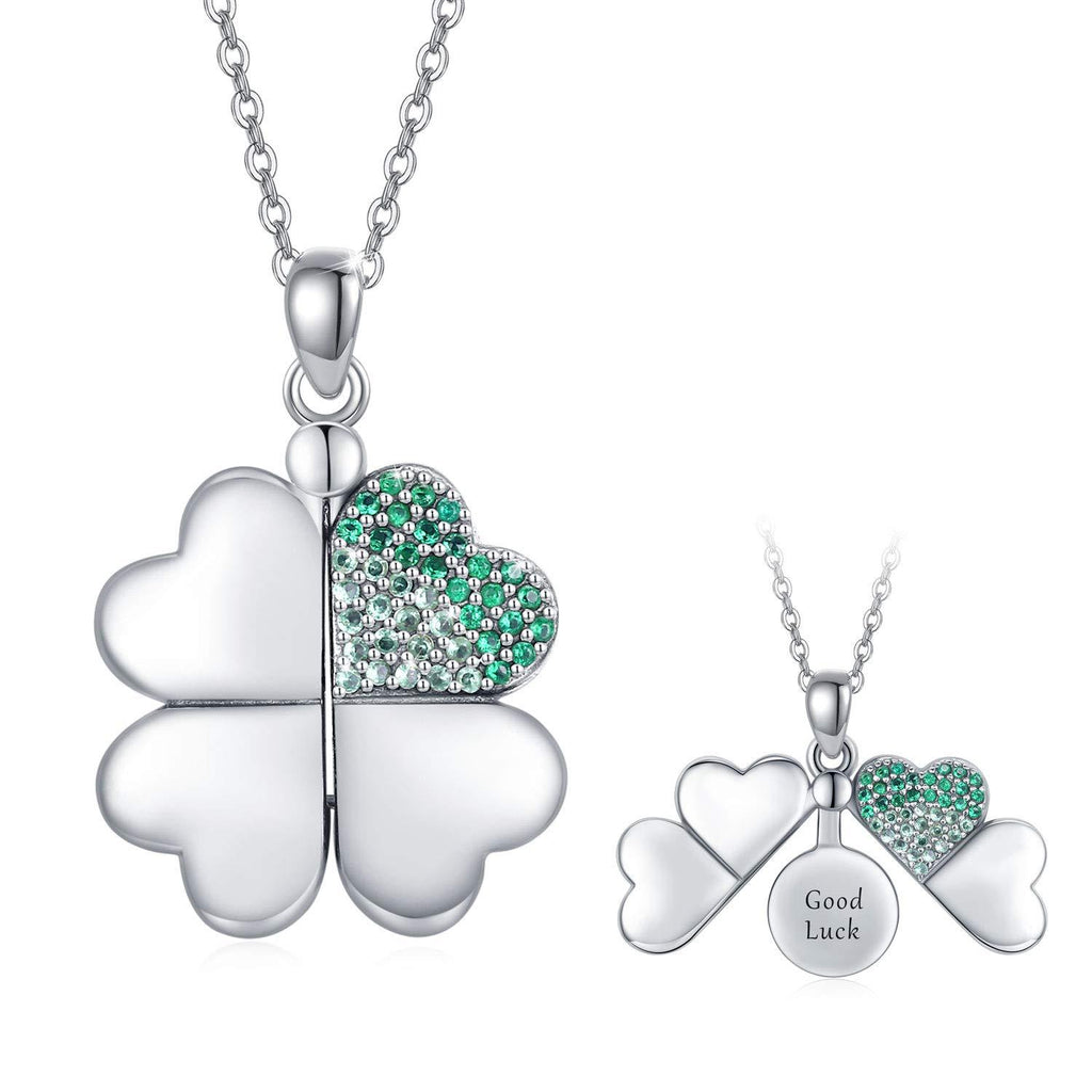 [Australia] - Locket Necklace for Women 925 Sterling Silver Four Leaf Clover Locket"Good Luck" Open Locket Gradient Green Four Leaf Clover Jewellery Lucky Necklace Mother's Day Valentine's Day for Women Girls 