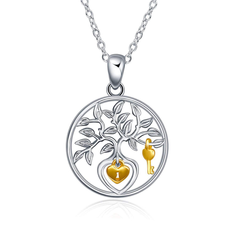 [Australia] - 925 Sterling Silver Tree of Life Pendant Necklace Lock Key Jewelry for Women 