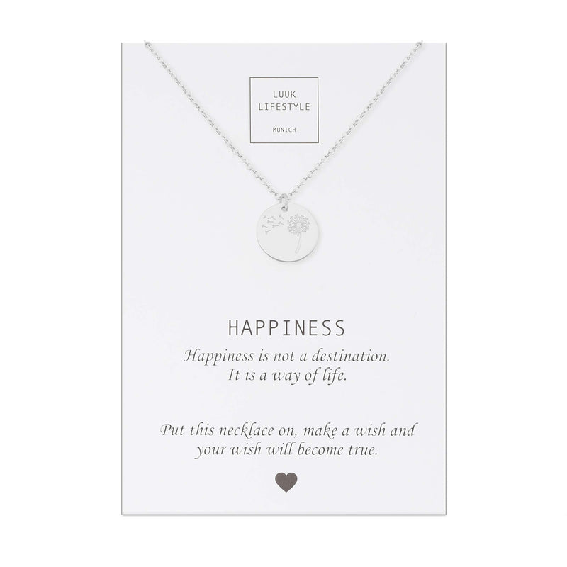 [Australia] - LUUK LIFESTYLE stainless steel necklace with different pendants and card with Happiness saying, lucky charm, friendship gift, silver, gold, rosé Dandelion 
