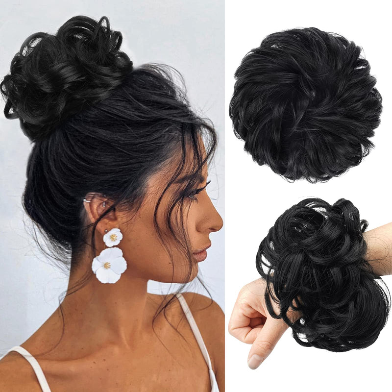 [Australia] - FESHFEN Messy Bun Hair Piece Hair Scrunchies Plus Size Thick Curly Wavy Hair Piece Synthetic Donut Updo Hairpieces for Women Girls, Jet Black 1# Jet Black 