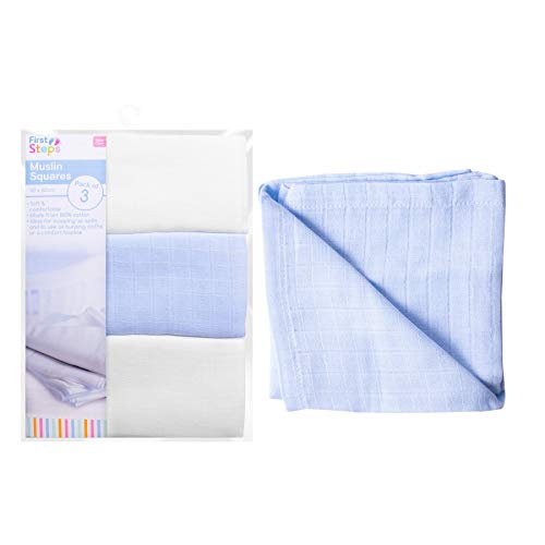[Australia] - 100% Cotton First Steps Muslin Squares, Baby Collection, Suitable from Birth 3 Pack (Blue) Blue 
