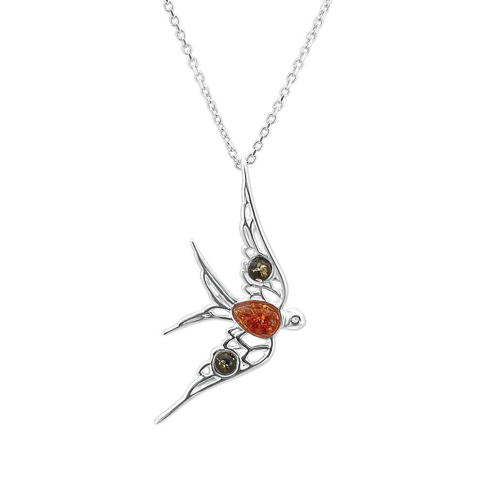 [Australia] - Kiara Jewellery 925 Sterling Silver Flying Swallow Pendant Necklace Inlaid With Mixed Baltic Amber on 18" Sterling Silver Trace Or Curb Chain. 