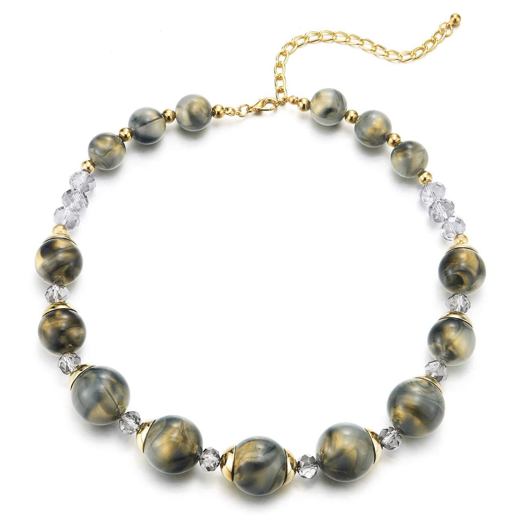 [Australia] - COOLSTEELANDBEYOND Statement Necklace Journey Gold Grey Resin Beads Crystal String, Gold Chain Adjustable, Party 