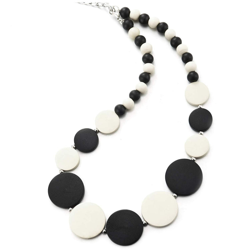 [Australia] - COOLSTEELANDBEYOND Black White Wood Circle Disc Beads Chain Choker Collar Statement Necklace, Dress Party Event, Unique 