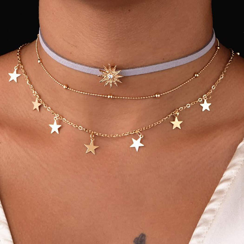 [Australia] - Zoestar Boho Layered Crystal Necklace Gold Star Layering Necklaces Beaded Choker Chain Jewelry for Women and Girls 