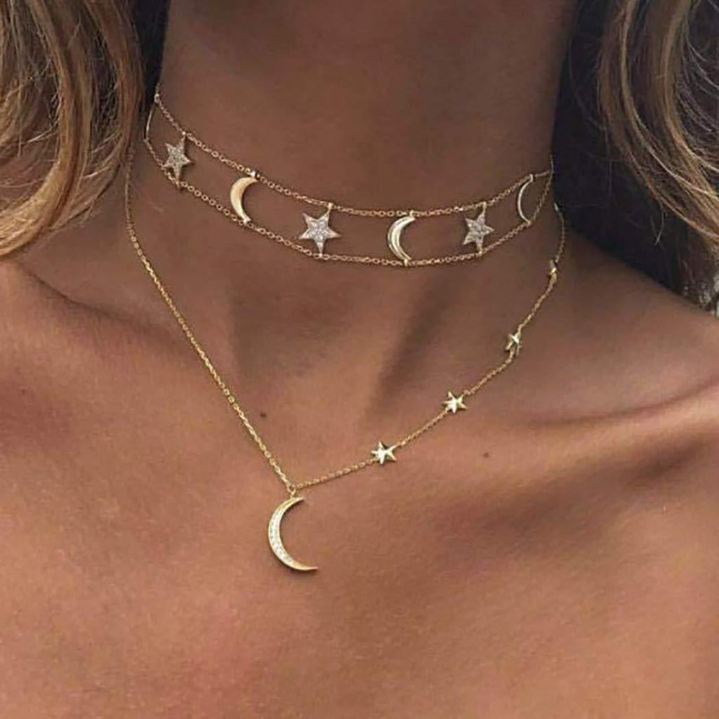 [Australia] - Zoestar Boho Layered Necklace Gold Moon Pendant Necklaces Crystal Chain Jewelry Layering Choker for Women and Girls 