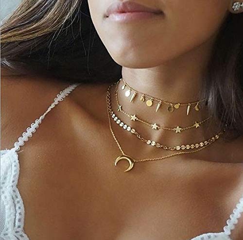 [Australia] - Zoestar Boho Star Layered Necklace Gold Moon Pendant Necklaces Chain Sequins Beaded Choker Jewelry for Women and Girls 