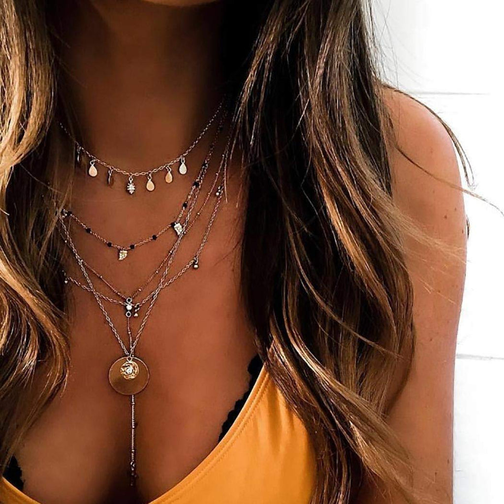 [Australia] - Zoestar Boho Layered Crystal Necklace Gold Coin Pendant Necklaces Sequins Layering Chain Jewelry for Women and Girls 