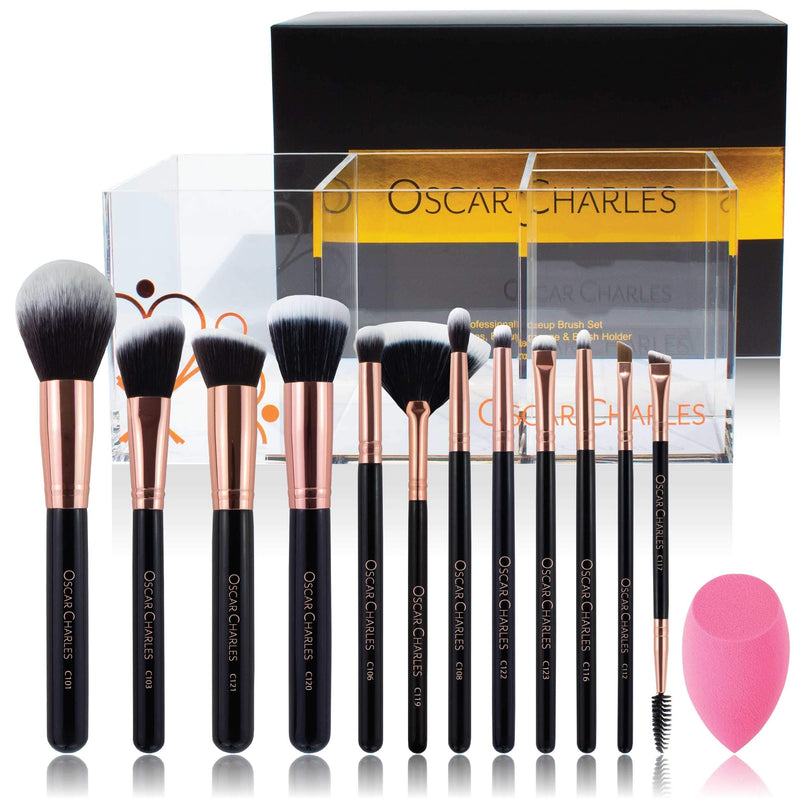 [Australia] - Oscar Charles Professional Makeup Brush Set with Beauty Sponge, Brush Holder and Product Guide - Rose Gold 