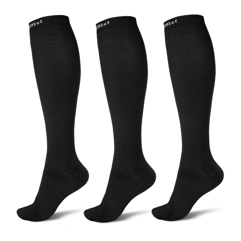 [Australia] - QXURkut 3 Pairs Black Compression Socks for Men Women Swelling, Flight, Running, Cycling, 15-20 mmHg Knee High Long Sleeves Stockings L-XL 