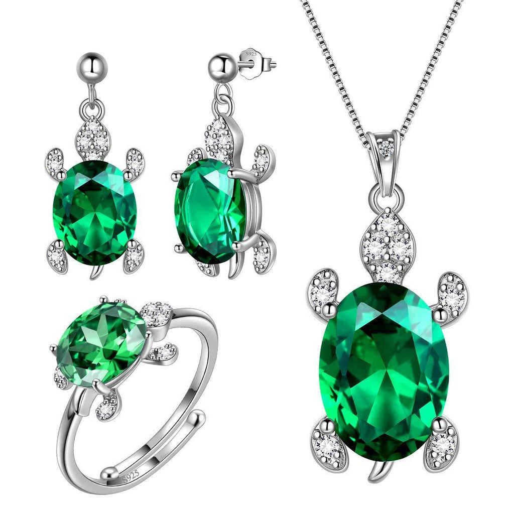 [Australia] - Aurora Tears Turtle Necklace/Earrings/Rings/Bracelets/Jewelry Set 925 Sterling Sliver with Birthstone Animals Jewellery Gift for Women and Girls Green Necklace/Earring/Ring Set 