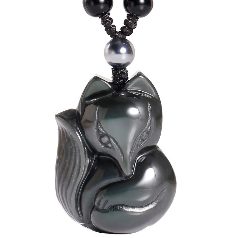 [Australia] - Jewboo Black Obsidian Lucky Fox Necklace Natural Stone Healing Crystal Pendant Protection Amulet Gemstons Pendant Jewelery 