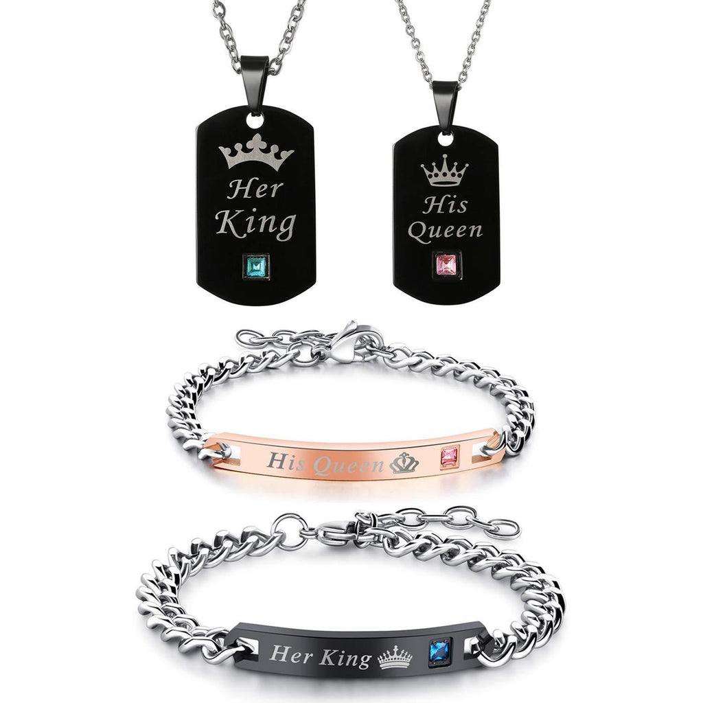 [Australia] - Cupimatch 2 Pairs His Queen Her King Crown Necklace Bracelets Set, Adjustable Stainless Steel CZ Couple Matching Dog Tag Pendant Necklace His and Hers Wrist Link Cuff Bangle 