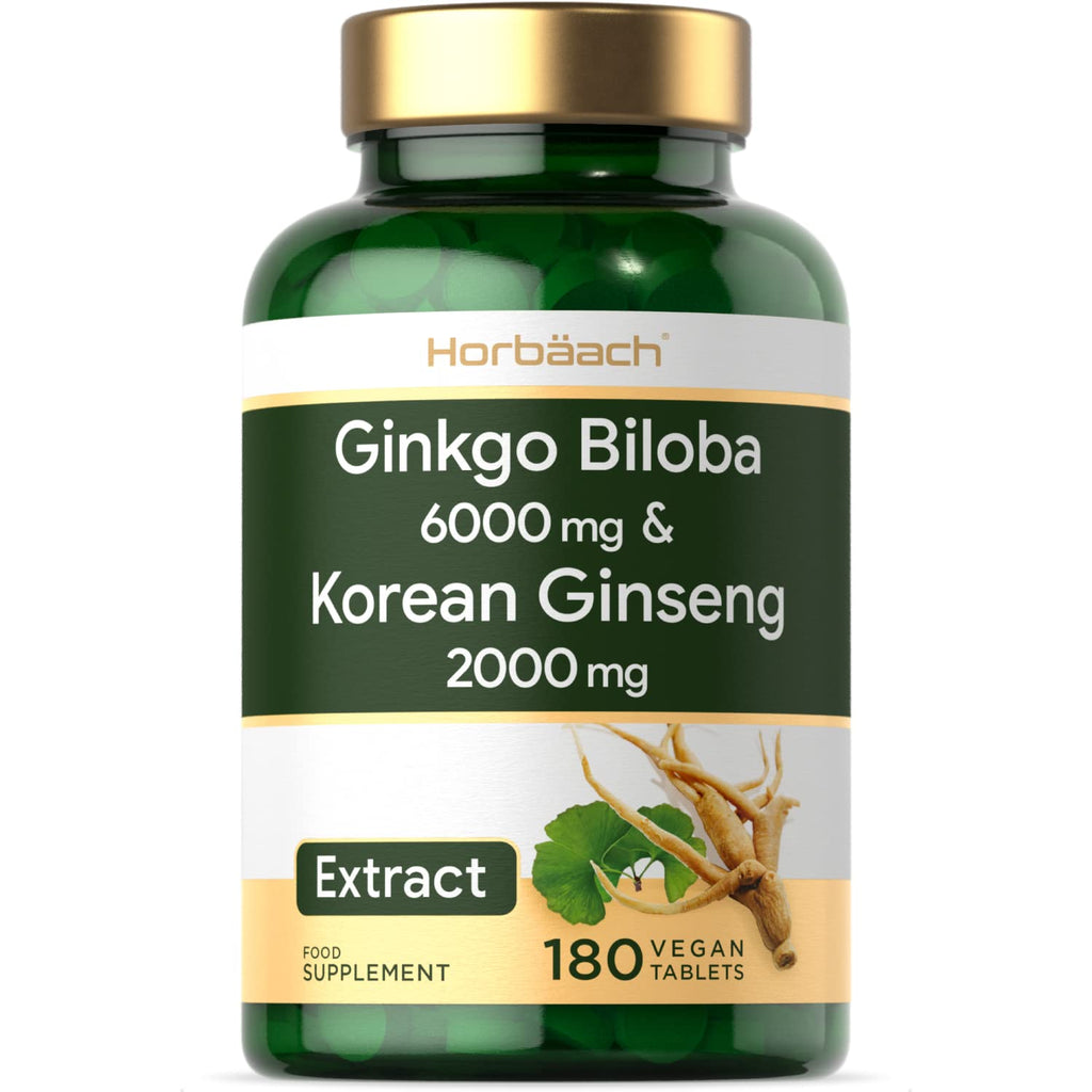 [Australia] - Ginkgo Biloba 6000mg & Korean Panax Ginseng 2000mg | 180 Vegan Tablets | High Strength Supplement | No Artificial Preservatives 