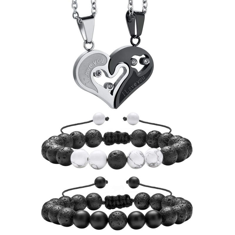[Australia] - Cupimatch 2 Pairs Couple Matching Necklace Bracelets, Adjustable Stainless Steel I Love You Heart Puzzle Necklace His and Hers Lava Rock Beads Essential Oil Diffuser Bracelet 