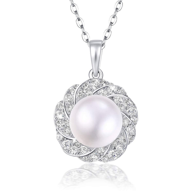 [Australia] - PEARLOVE Pearl Pendant Necklace for Women 925 Sterling Silver Pearl Necklaces Flower Necklace with Sterling Silver and Cubic Zirconia, Box Packaging Gifts for Women 