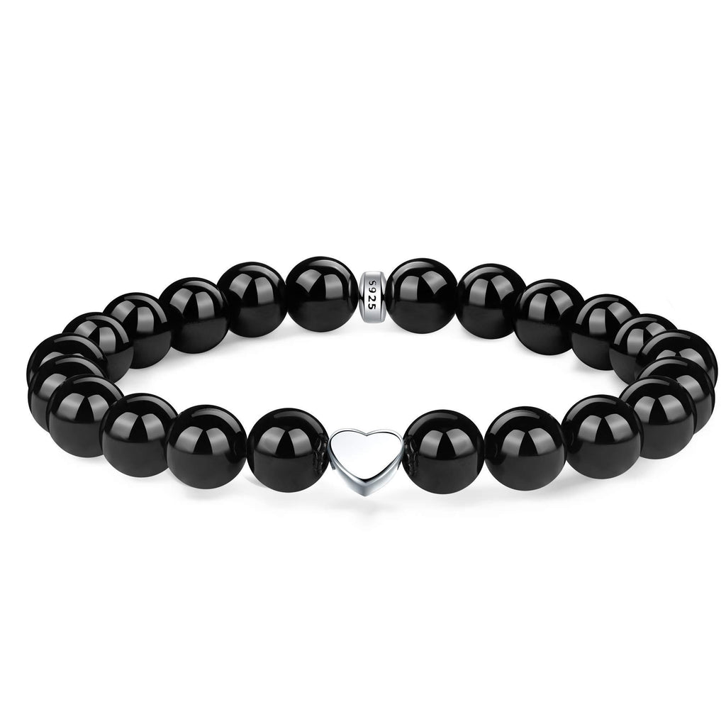 [Australia] - J.Endéar Beaded Bracelets for Womens, 8mm Natural Gemstone Bracelet, Heart Friendship Bracelets with 925 Sterling Silver Heart Charm 8mm-black Agate 