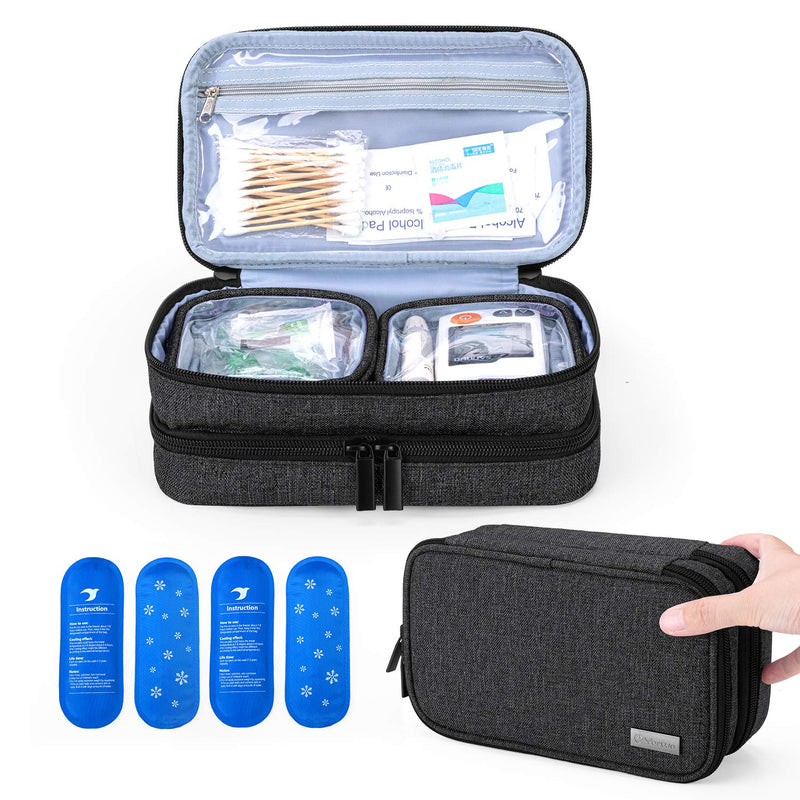 [Australia] - Yarwo Insulin Cooler Travel Case, Double-Layer Diabetic Travel Case with 4 Ice Packs, Diabetic Supplies Organiser for Insulin Pens, Blood Glucose Monitors or Other Diabetes Supplies, Black L (Pack of 1) 