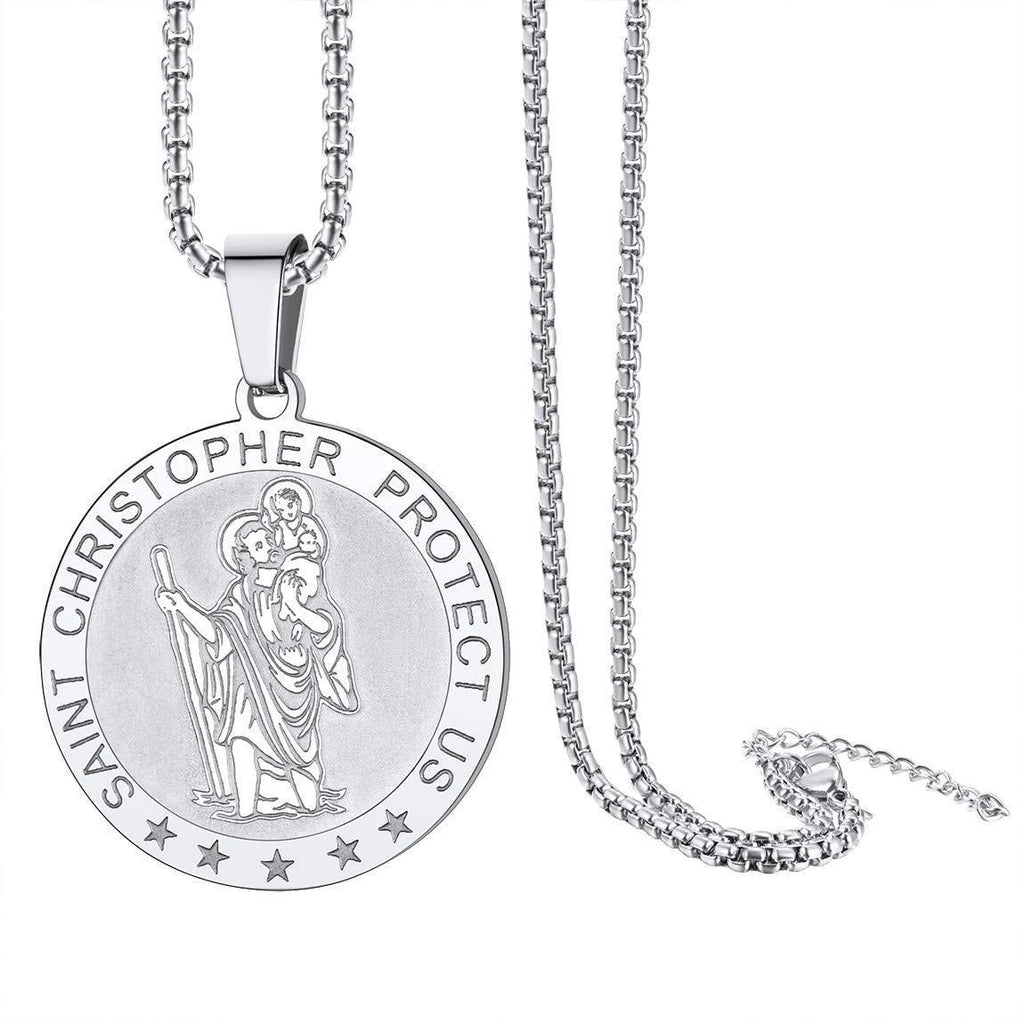 [Australia] - ChainsPro Saint Christopher Protect Us Pendant Necklace,22''+2'' Box Chain 4mm,Silver/Gold/Black Stainless Steel OVA/Medal/Octogon Travellers Protection Patron Saint Pendant for Men Women Boy 01:Round-silver 