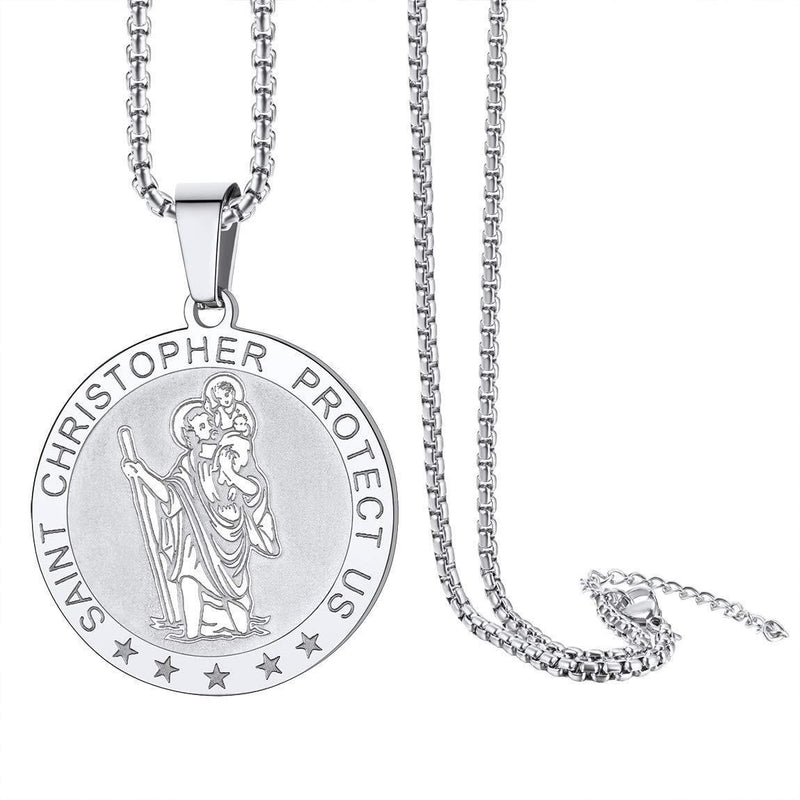 [Australia] - ChainsPro Saint Christopher Protect Us Pendant Necklace,22''+2'' Box Chain 4mm,Silver/Gold/Black Stainless Steel OVA/Medal/Octogon Travellers Protection Patron Saint Pendant for Men Women Boy 01:Round-silver 