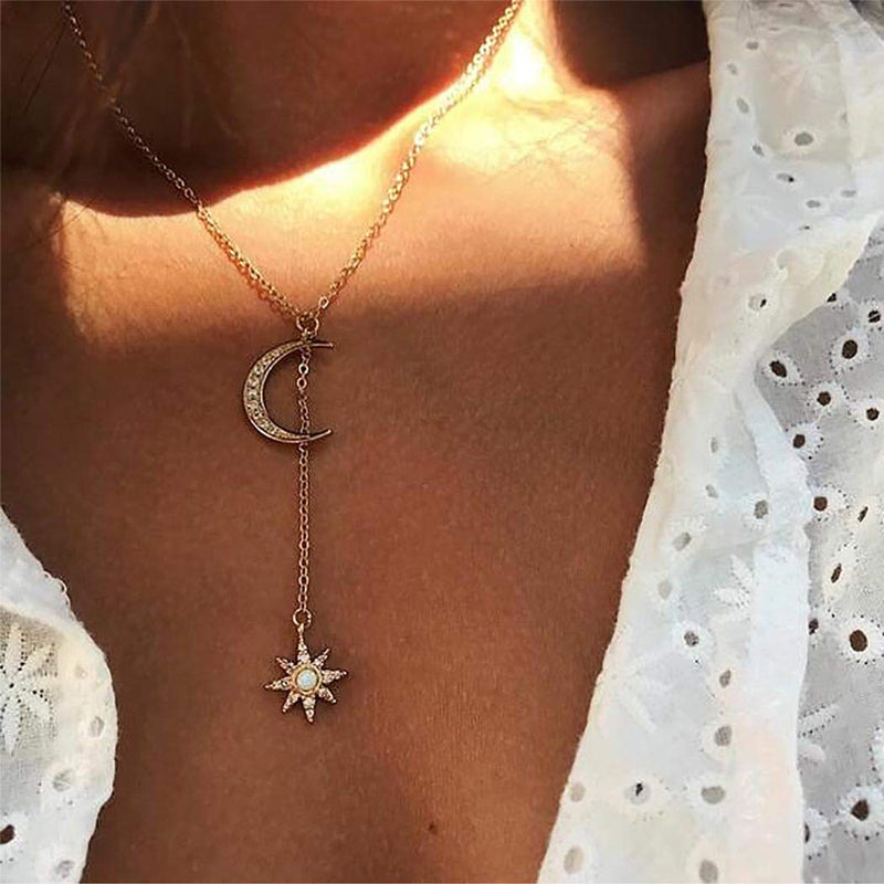 [Australia] - Handcess Boho Necklace Sun Pendant Necklaces Moon and Crystal Neck Chains for Women and Girls (Gold) Gold 