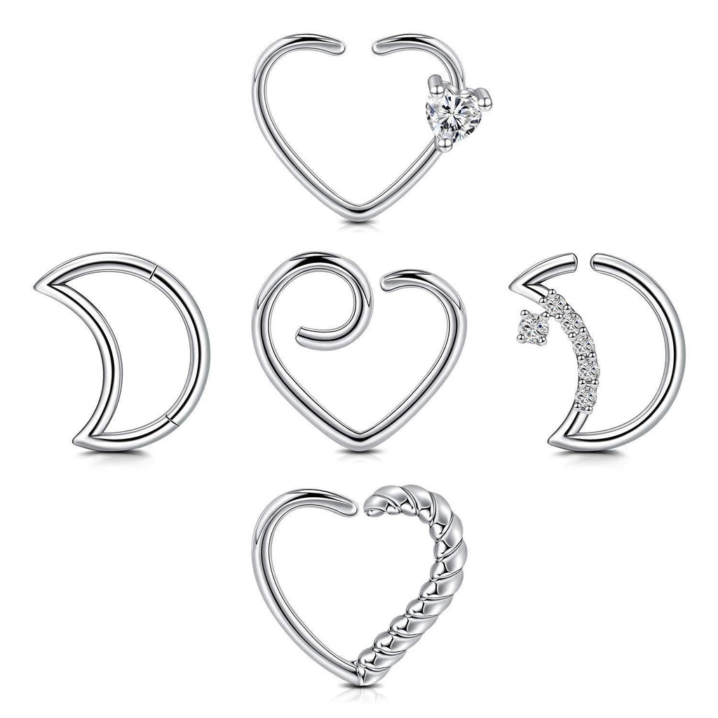 [Australia] - Incaton 16G Cartilage Earrings Surgical Steel Heart Moon Daith Rook Conch Tragus Earrings Piercing Clicker Septum Rings Horseshoe Barbell Nose Ring Hoop Piercing Jewelry 5pcs-silver 