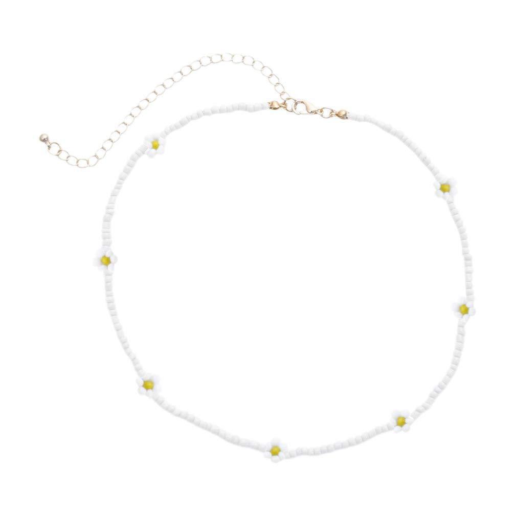 [Australia] - Happyyami Boho Bead Daisy Necklace Seed Beaded Choker Necklace Colorful Handmade Bead for Women and Girls Jewelry (White) White Plastic 
