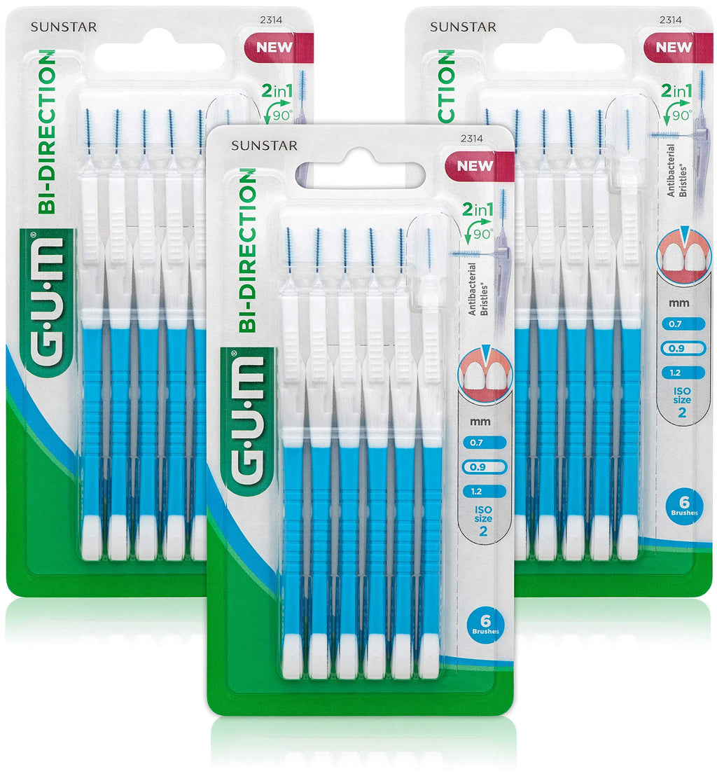 [Australia] - GUM BI-Direction interdental Brushes / Longer Handle for Easy and Thorough Cleaning of The interdental Spaces / 3 x 6 Pieces (0.9 mm) 0.9mm 