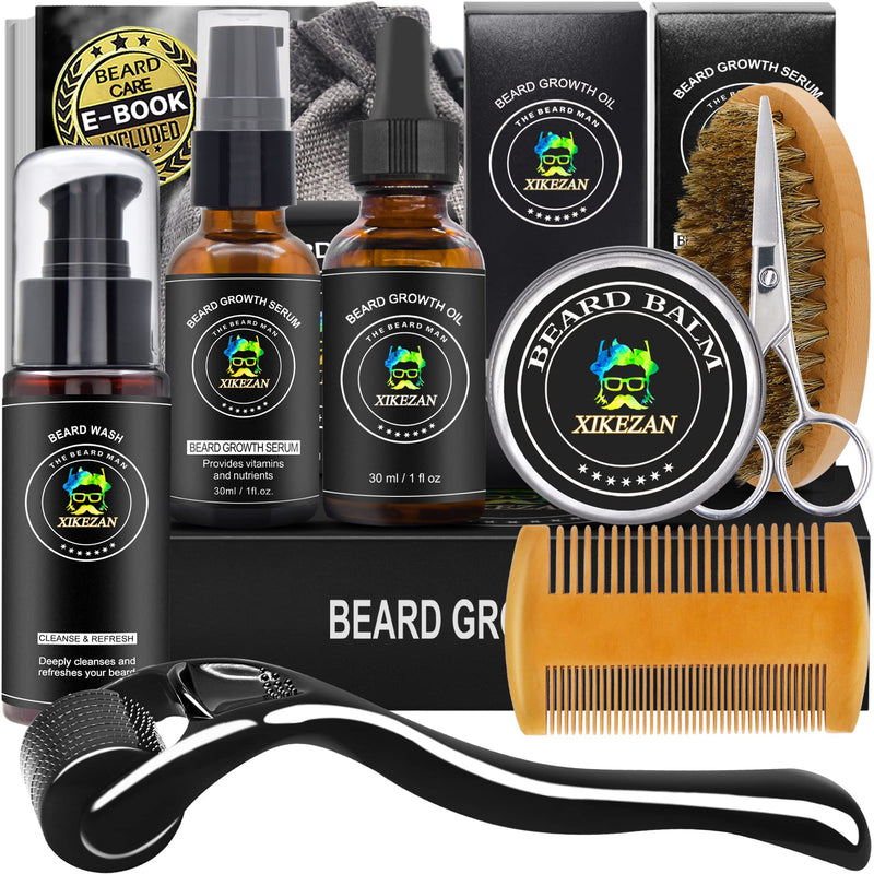 [Australia] - Beard Growth Kit,w/Beard Roller,Beard Growth Oil,Beard Balm,Beard Growth Serum,Comb,Brush,Scissor,Bag,EBook,Beard Care Grooming Kit Christmas Tech Gifts Stocking Fillers Gifts for Men Him Husband Dad 