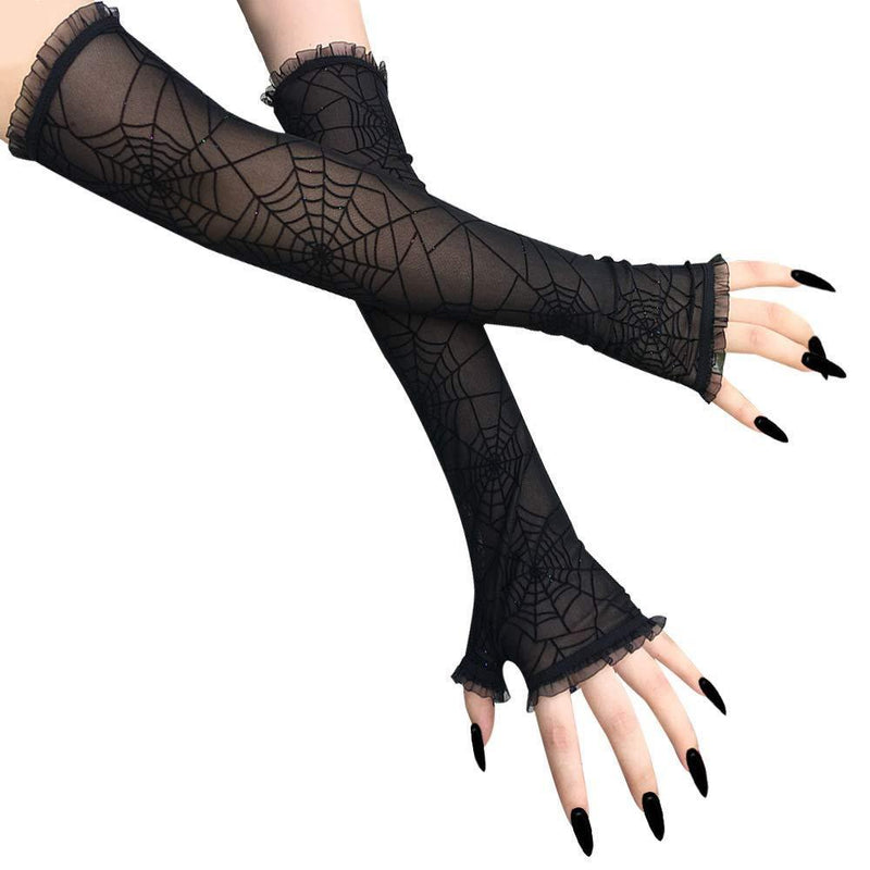 [Australia] - Spider Wed Halloween Black Long Fingerless Gloves Women Costume Accesorry 