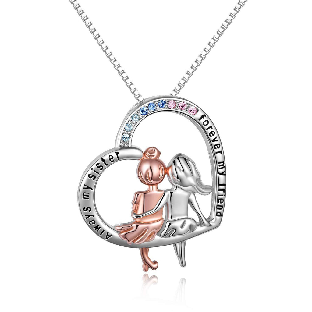 [Australia] - VONALA Sister Necklace, 925 Sterling Silver Heart Necklaces Jewellery Birthday Gifts for Women, Engraved"Always My Sister Forever My Friend" Gradient Crystals 