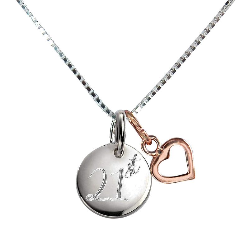 [Australia] - 21st Birthday Gift Sterling Silver Necklace With Engraved Disc & Rose Gold Heart Pendant Present Gift Box Chain 18 Inch Jewellery 