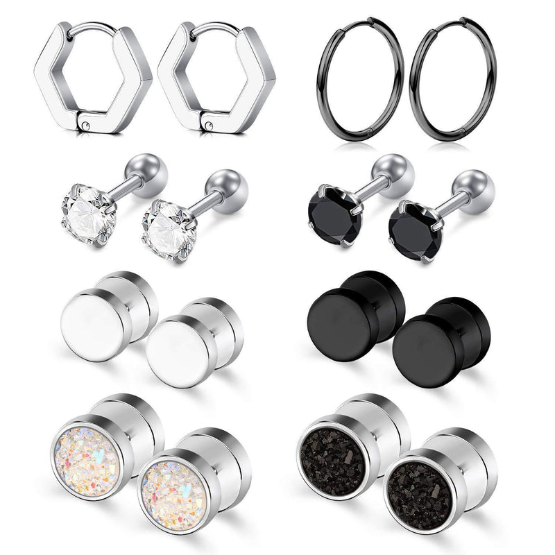 [Australia] - Rajnard 6 Pairs Men Earrings Stainless Steel Earrings for Men Women Stud Hoop Earrings Huggie Piercing 18G CZ Fake Ear Plug Silver Black Rose Gold Color 6 Pairs Silver and Black Set 2 