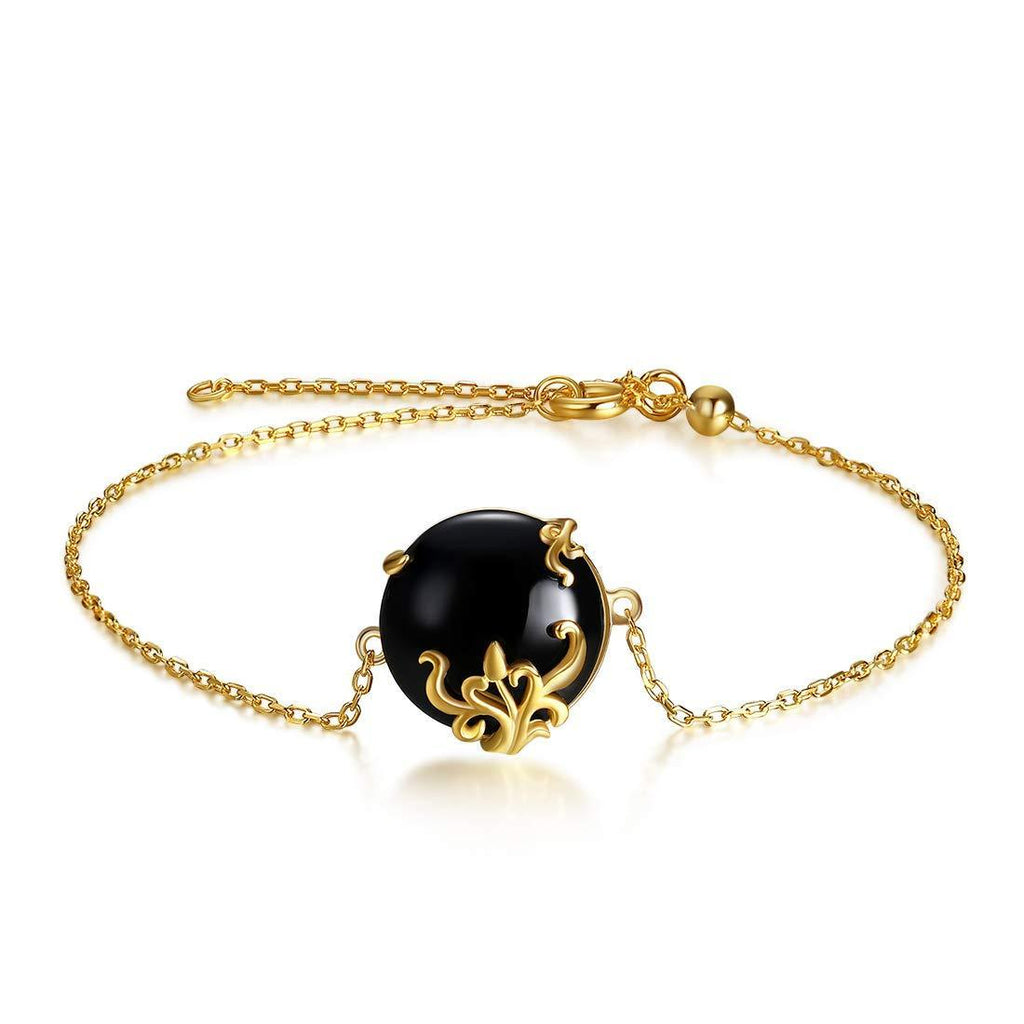 [Australia] - E 925 Sterling Silver 14K Gold Plated Vintage Gem Round Charm Chain Bracelet for Women, Black Agate & Green Crystal with Artistic Flower Shape Black Agate 1 